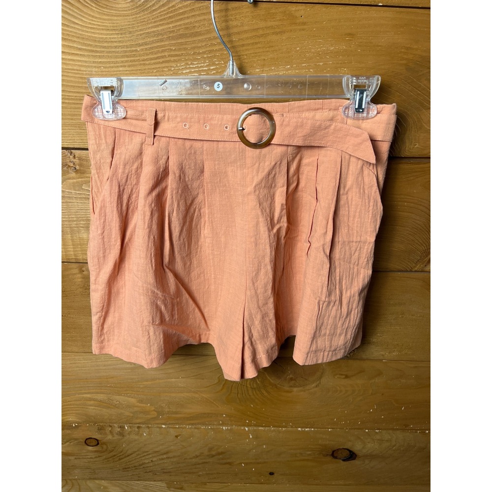 Mustard Seed Women Belted Pleated Paperbag Shorts High Waist Casual Summer Peach